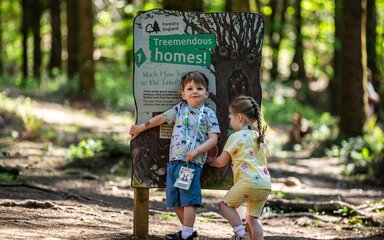 Two children in from of a Stick Man sign the reads 'Treemendous homes!'