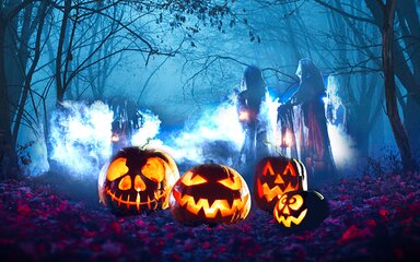 Illustrations of pumpkins in front of trees and people walking with lanterns