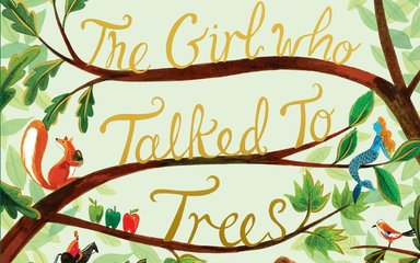 A book front cover. A cartoon of tree branches with a girl reading a book laid out on the branch.