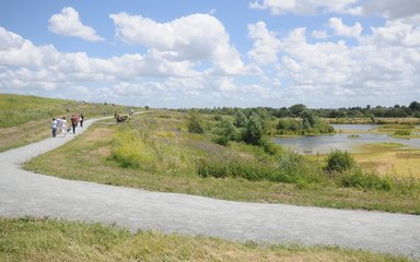 Pond side path on open grassland