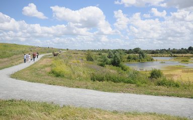 Pond side path on open grassland 