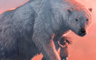 A book cover of the Last Bear. A detailed drawing of a large polar bear with a girl holding on to his coat.