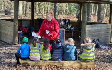 School pupils sit on a log gathered around their teacher leading an activity