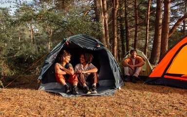 Three adult friends sitting by tents in the forest.