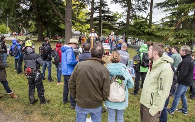 A crowd of people watch a tree talk demonstration 
