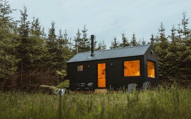 Small timber cabin with warm lights glowing through the windows, set in a grassy clearing and surrounded by dense evergreen forest.