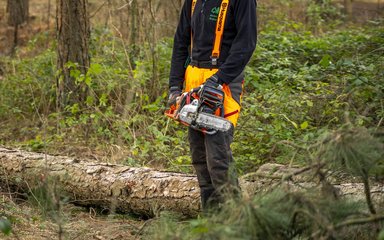 Forestry England staff holding a chainsaw