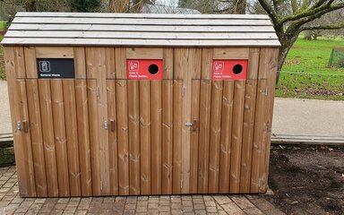 outdoor wooden waste collection and recycling bins  