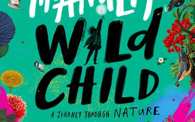 A book cover called Dara McAnulty Wild Child. A bright cover of turquoise, and pink. the i of wild child is a cartoon of a child holding a dandelion. 