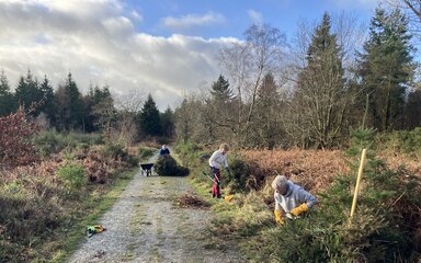 Three volunteers working on the ride side at Bury Ditches