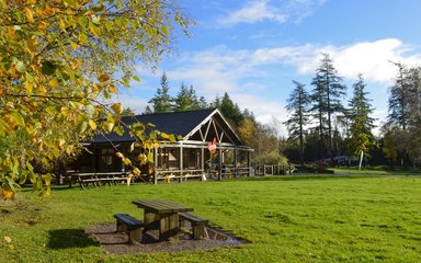 An autumn view of the cafe at Alice Holt Forest