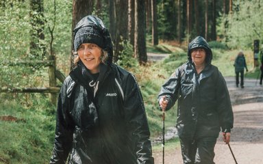 two women nordic walking with raincoats in a forest