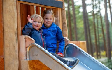 Two young children smiling as they sit at the top of a slide, with tall tree trunks visible behind them.