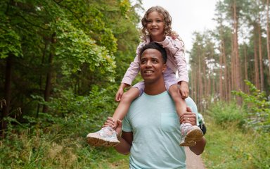 A young, smiling girl being carried on the shoulders of a man, walking along a forest path