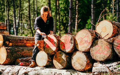 woman working with timber in a forest
