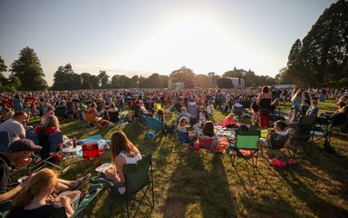 Crowd at sunset at a music concert