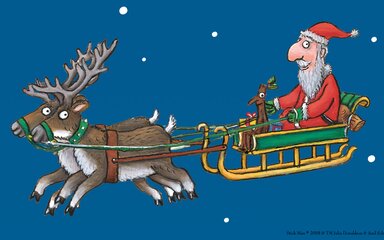 A digital illustration of Father Christmas and Stick Man in a sleigh in the sky.
