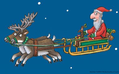 A digital illustration of Father Christmas and Stick Man in a sleigh in the sky.