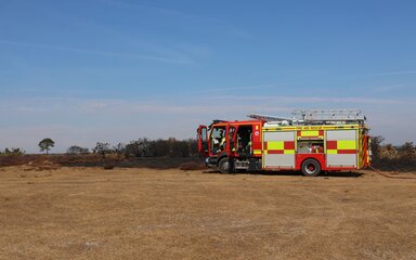 Side view of a fire engine on a wildfire burn site.