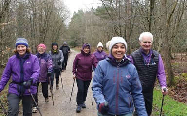 Group of people walking in the trees using poles