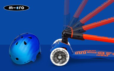 A blue and orange folding scooter with led wheels, shown with a scooter helmet.