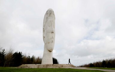 A large sculpture of a head, on a plinth, with trees in the background.