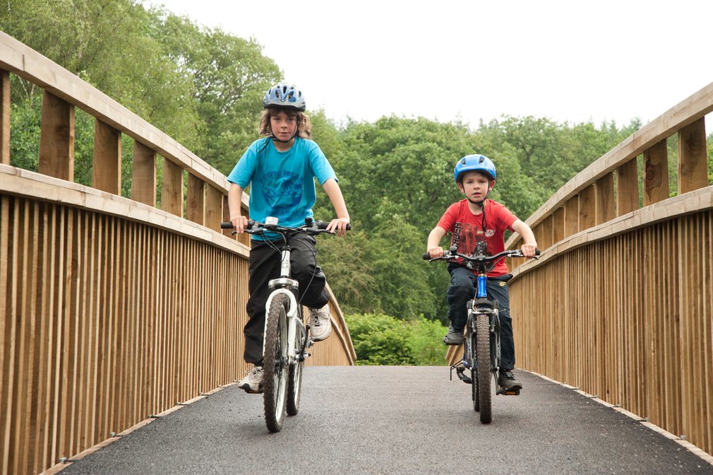 two boys cycling in the forest on a cycle route
