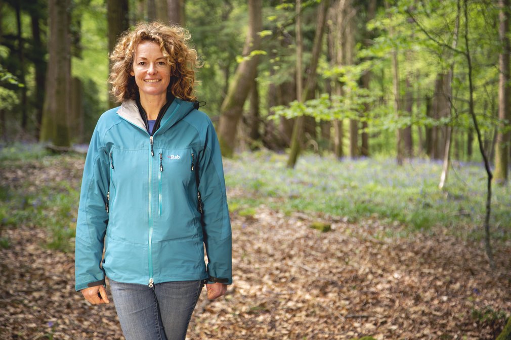Kate Humble against a bluebell woodland backdrop