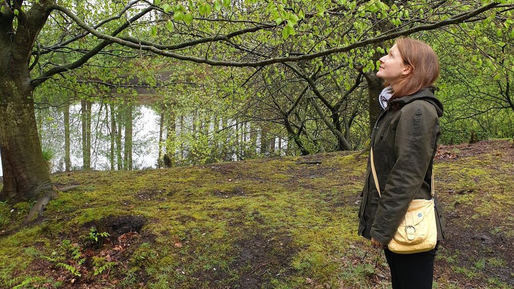 Woman looking up at trees by lake