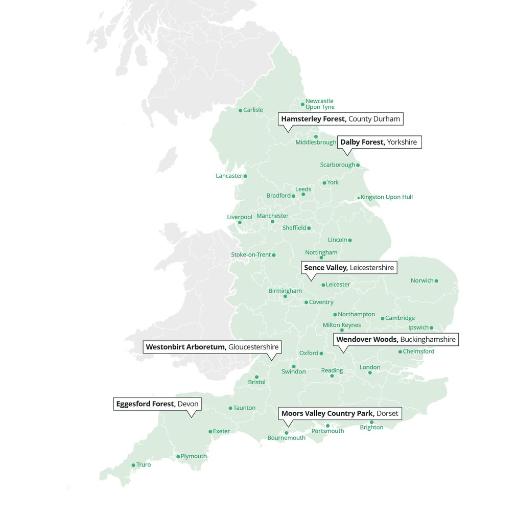 map of centenary avenues across districts in Forestry England