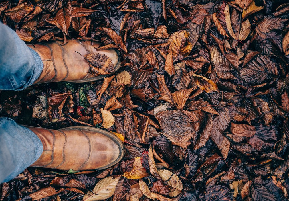 Feet in autumn leaves
