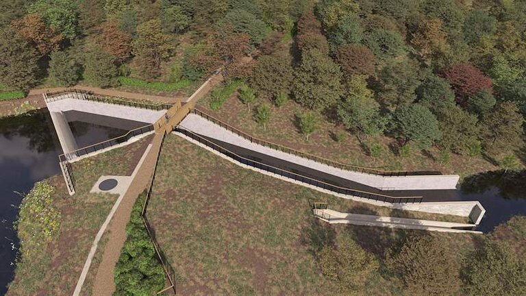 An artist's impression showing a dam and spillway structure of a reservoir