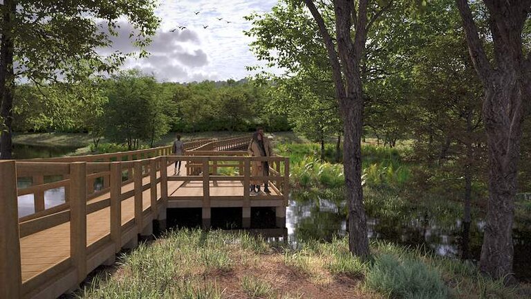 Artist impression of boardwalks over a lake in a wooded area