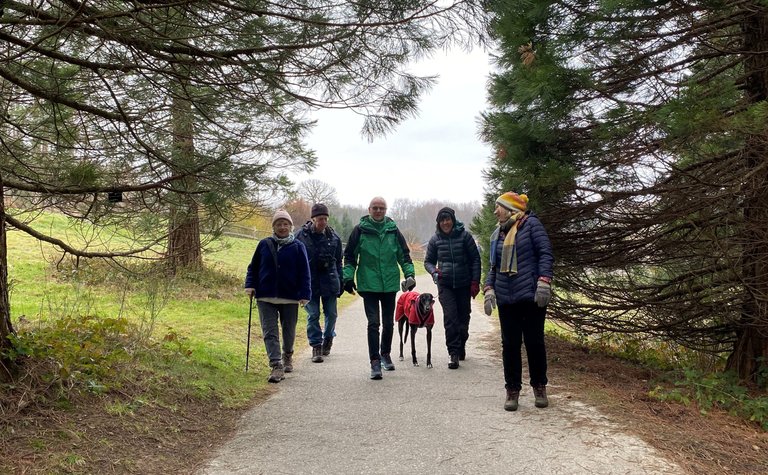 A man in Forestry England branded clothing walking with a group of adults plus one dog.