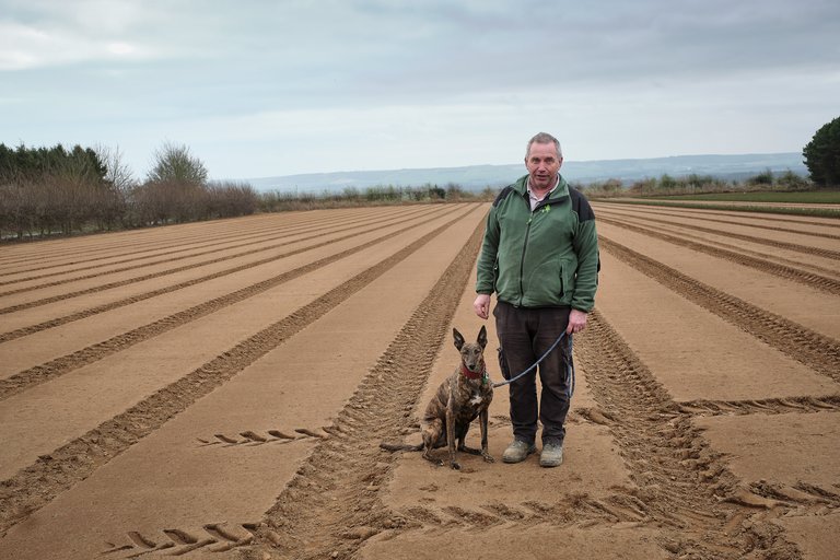 Forestry England staff member stood in mud tracked field with dog