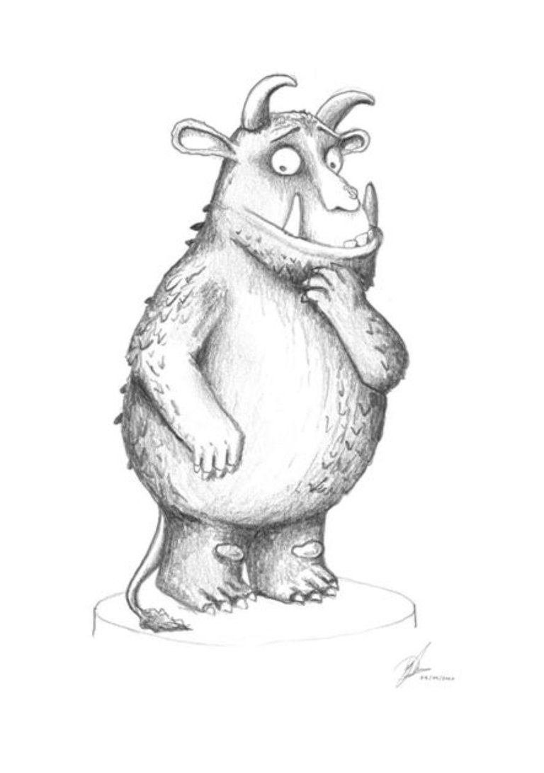 A pencil illustration of the Gruffalo with one hand on his chin.