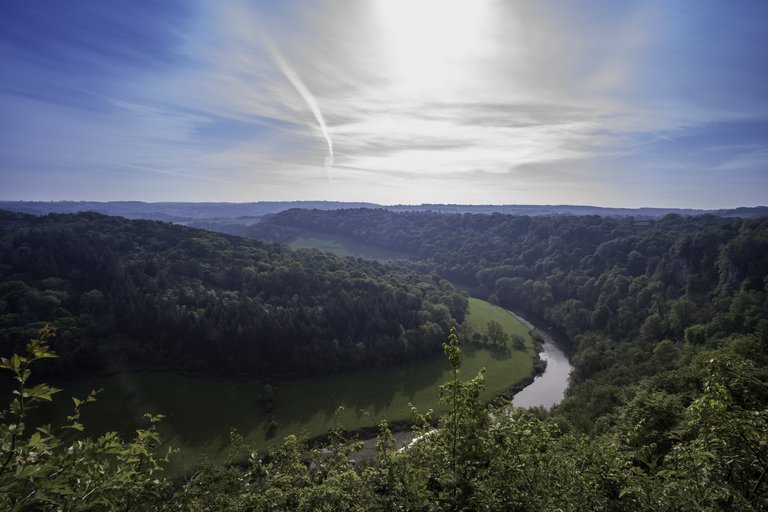 Stunning viewpoint over forest landscape with blue sunny skies