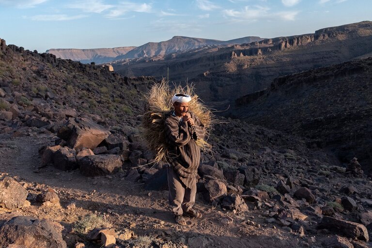 A man stands clasping his hands together amid a barren landscape.