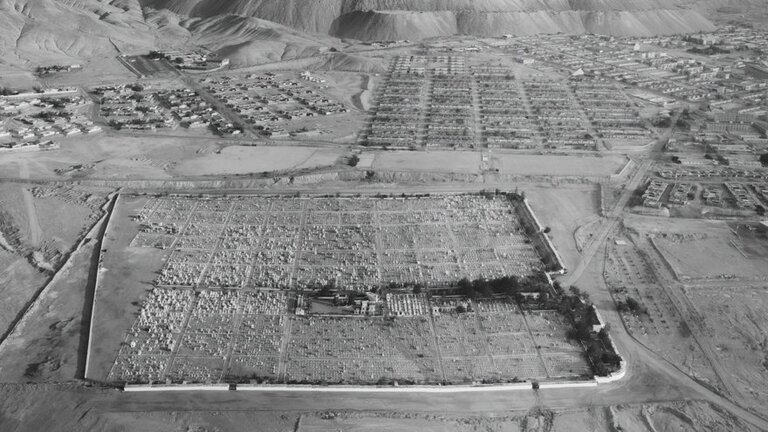 Black and white aerial view image