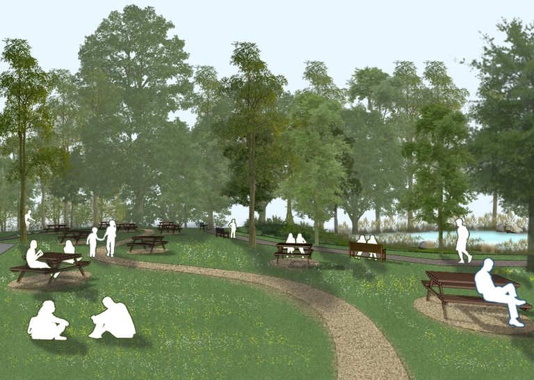 Concept visual of the seating area next to the car parking area at Upper Cannop.