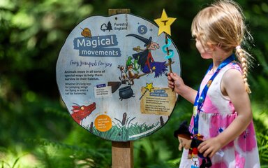 A young girl in a summer dress, holding a DIY magic wand, looking at a panel in the forest.